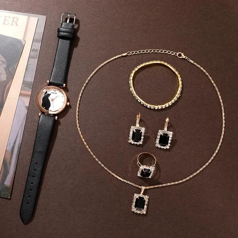 6PCS Set Women Fashion Quartz Watch Female Clock Cute Cat Dial Luxury Brand Design Ladies Leather Wrist Watch Montre Femme image 6