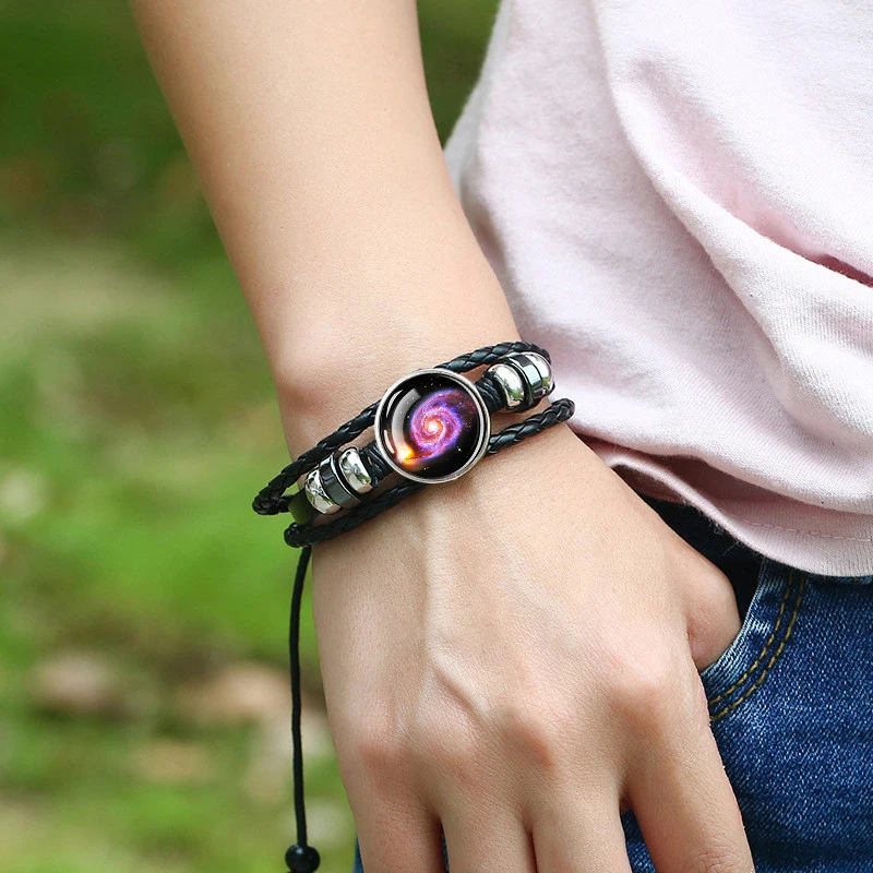 Luminous Multicolor Planet Bracelets Glass Dome Galaxy Universe Outer Space Glowing Leather Bracelet Astronomical Jewelry Gift
