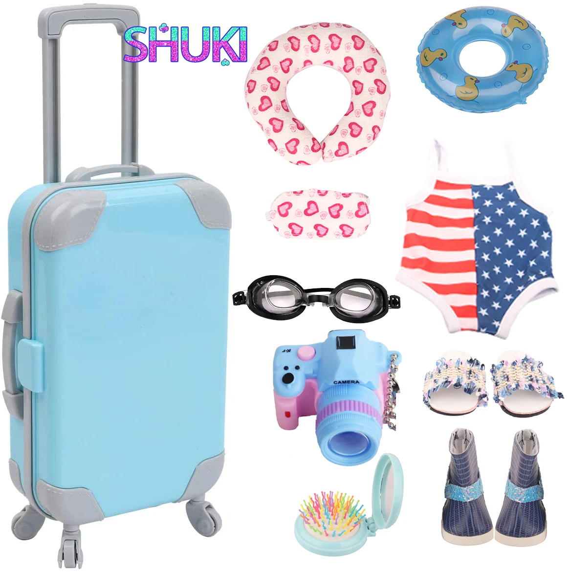 Blue Suitcase Doll Accessories Shoes Swimsuit Swim Goggles, Swim Hoop, Neck Pillow,For American&43cm Baby New Born Dolls