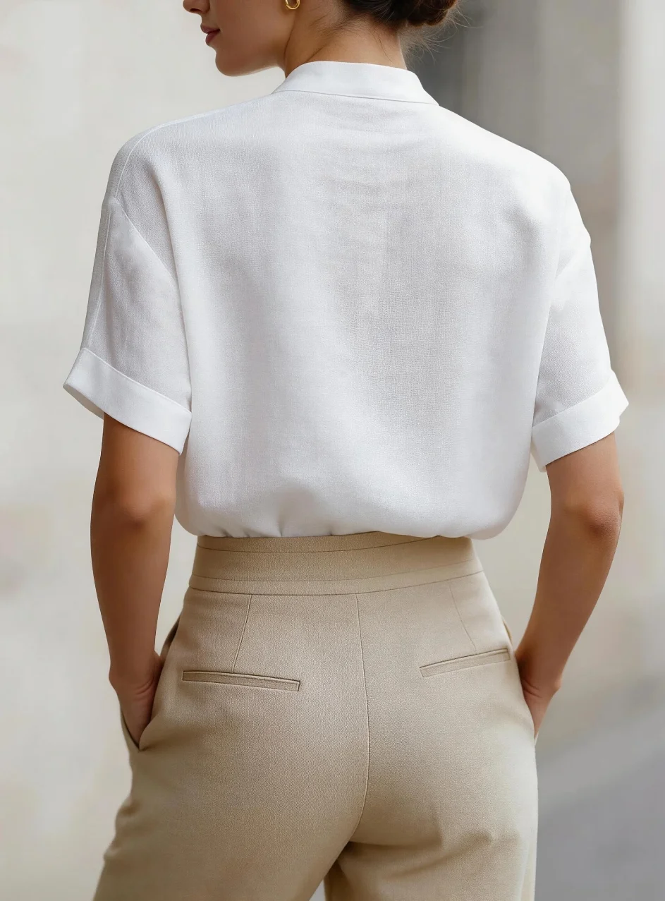 Women's Short Sleeve Button Down Shirt Stand Collar V Neck Blouse Linen Look Top Casual Office Wear Summer Fashion
