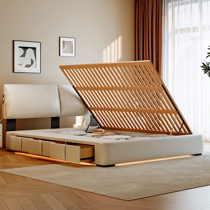 Ultra-thin bedside beech side open storage three pumping bed small apartment box flush edge leather bed