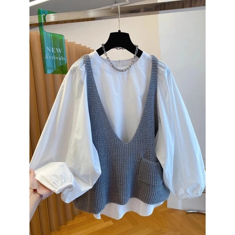 

Мужской комплект из двух предметов: вязаный жилет и футболка большого размера (300 Pou Faion), весна-осень, повседневный стиль, круглый вырез, модный, из полиэстера