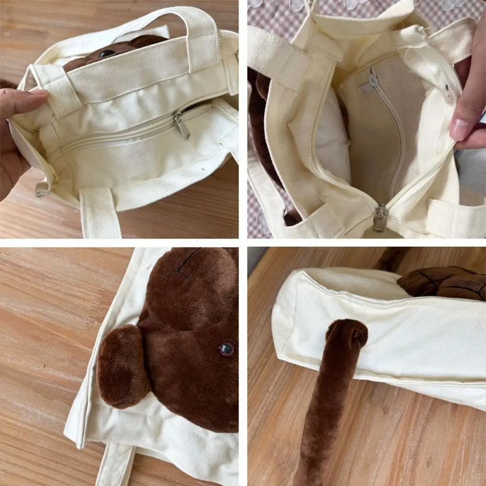 Cute Plush 3D Bear Canvas Bag Doll Shoulder Bag Tote Bag Large Capacity Shopping Bag Handbag Travel