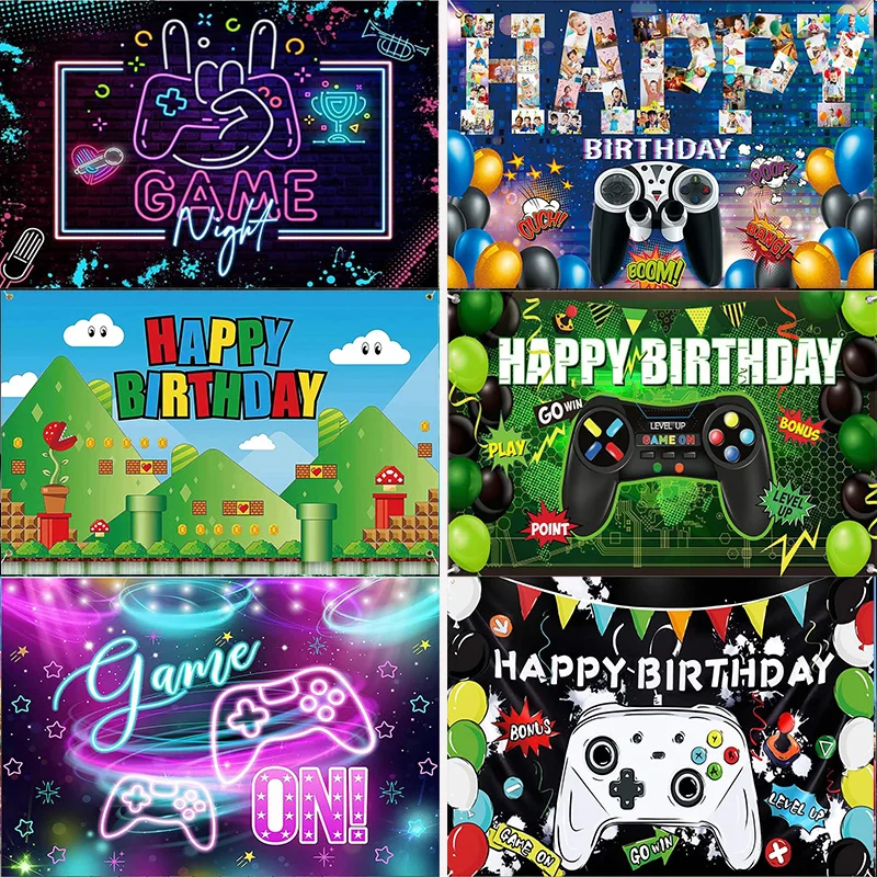 

Video Game Happy Birthday Backdrop Party Backdrop Banner Level up Gaming Theme Party Background Wall Decorations Wall Custom