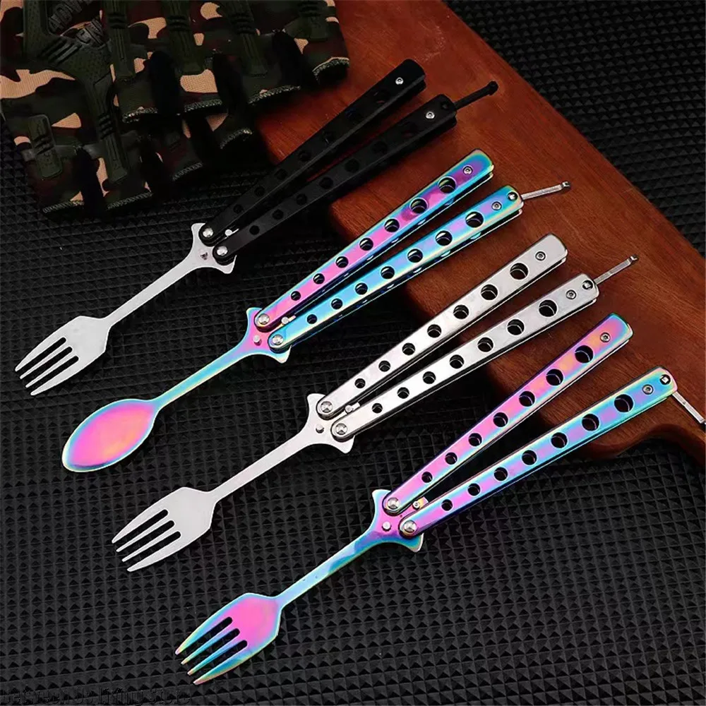 Butterfly Knife Trainer with Folding Spoon And Fork Outdoor Camping Tableware Multi-Functional Kitchen Tool for Training