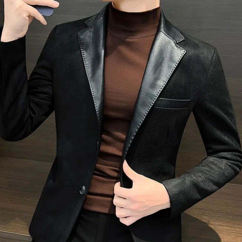 Spring Autumn Fashion Long Sleeve Turn-down Collar Patchwork Solid Deer Skin Blazers Men's Clothing Korean Pockets Button Tops