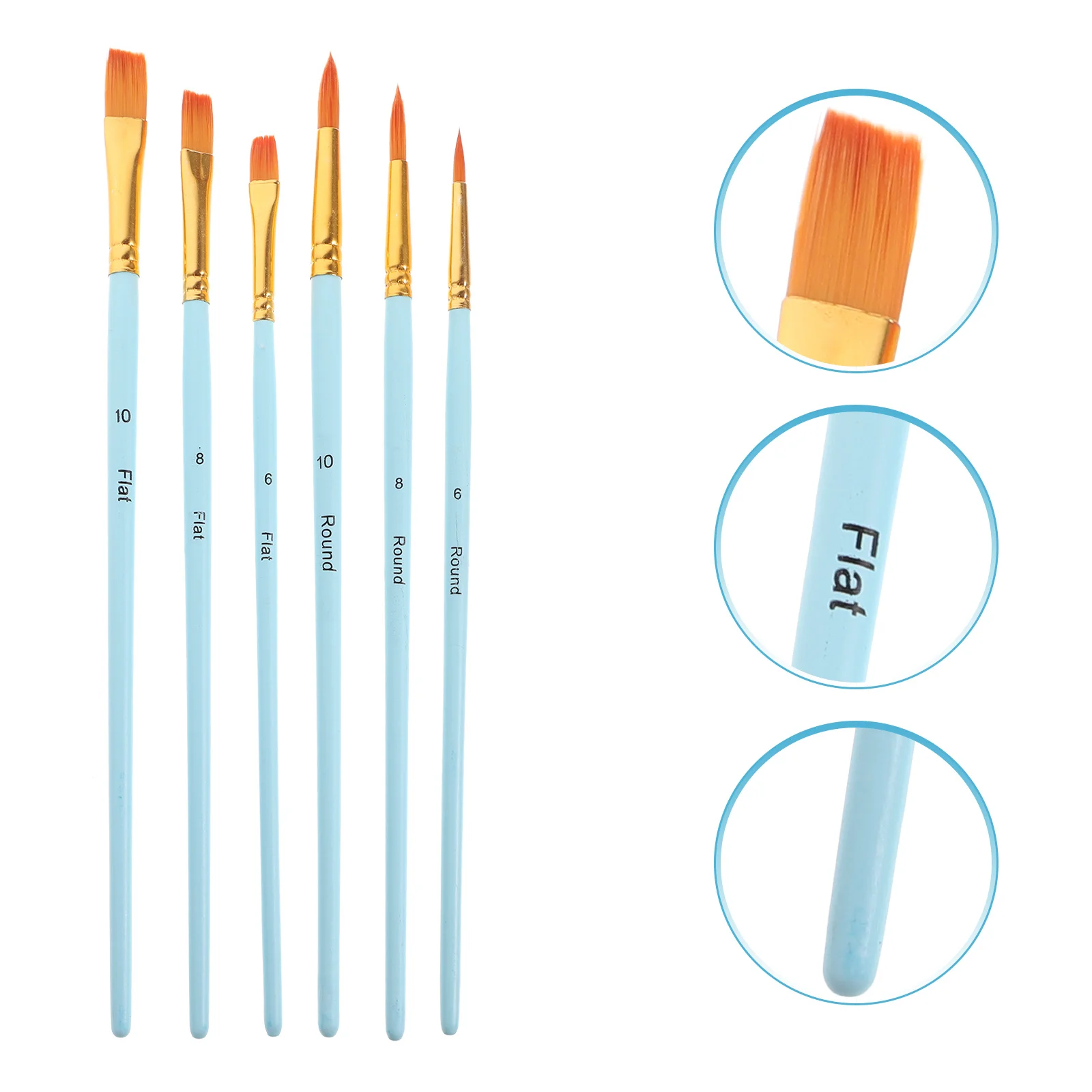 

6Pcs Watercolor Painting Brushes Set Nylon Flat and Round Tip Portable Lightweight Handle for Oil Acrylic Pigment Mixing Travel