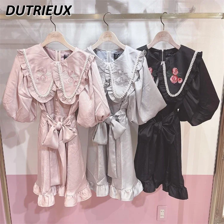

Summer New Pearl Trimmed Rose Embroidered Doll Collar Bubble Sleeve Lace-Up Short Dresses Sweet Princess High Waist Dress