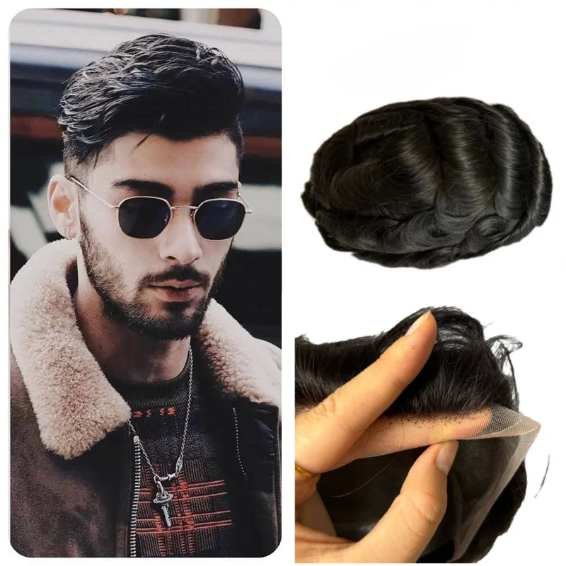 

Natural Black Hair Men Wigs Hairpieces Replacement System Thin Skin Durable Fine Mono PU Base Natural Hairline Men Toupee Wigs