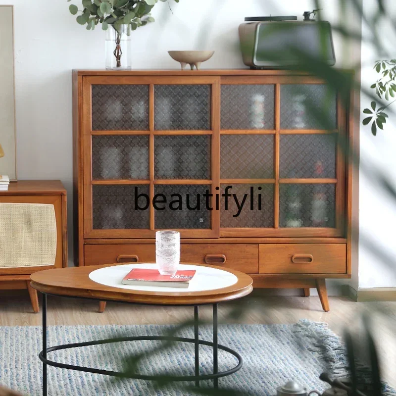 

SS Side Wine cabinet Begonia glass Light retro solid wood Nordic living room storage cabinet Medieval cabinet