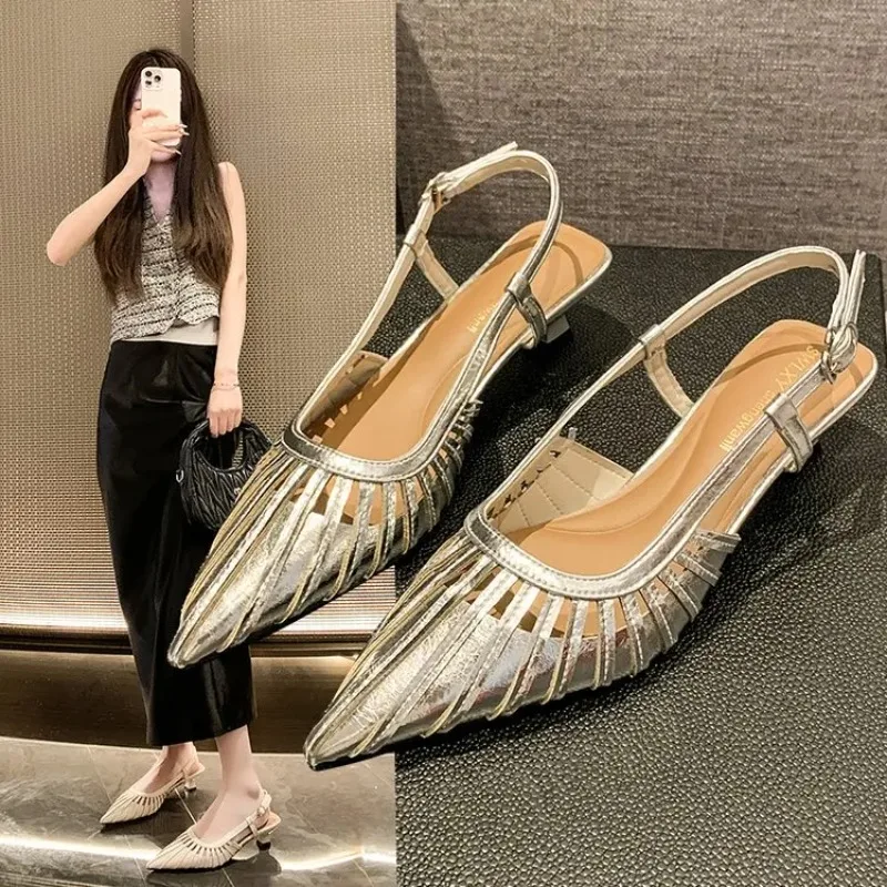 

2025 New Spring/Summer Women's Strap Pointed Toe Heel Shoes Gold Silver High Heel Sandals Versatile Slingback High Heels