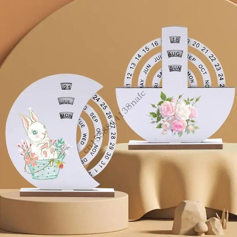 594F 天然木製手動回転年次カレンダーデスクトップ装飾創造的な伝統的なデザインホームオフィス装飾用