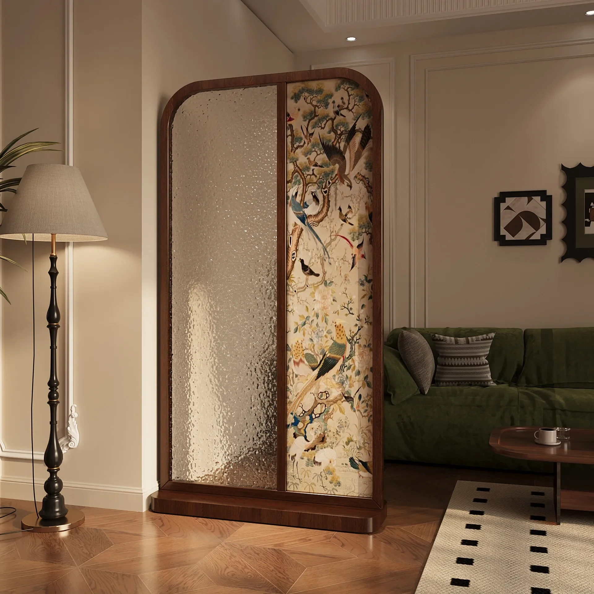 LTT, new Chinese flower and bird glass screen antique style living room entrance blocking partition