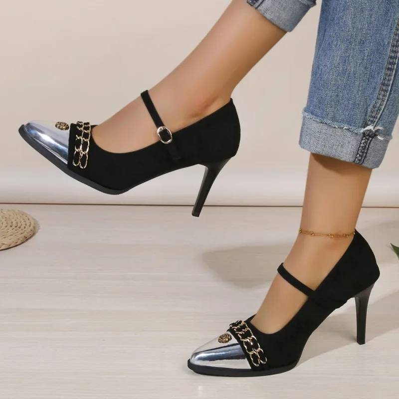 

2026 New Shallow-mouth Pointed-toe Single Shoes, Women's Thin Heel Temperament Chain Splicing Small Leather Shoes