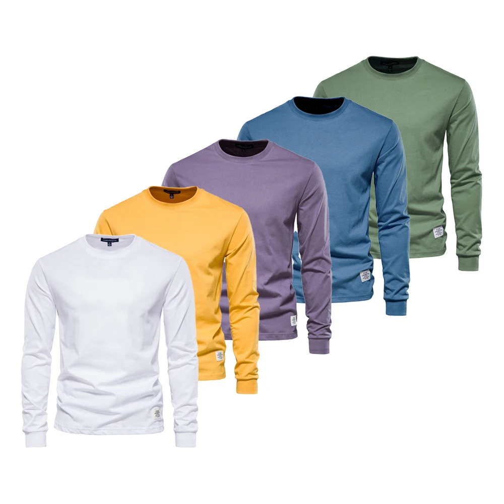 

BabYoung 5PCS 100% Cotton T Shirt For Solid Color O-Neck Long Sleeve Male T-Shirt Autumn High Quality Casual Basic Tee Men