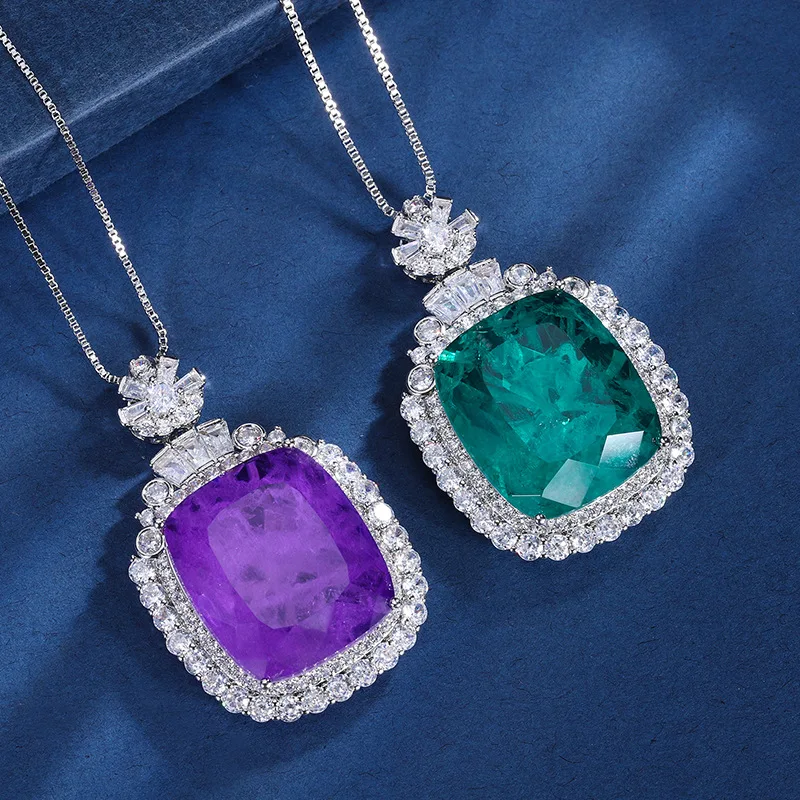 Large CZ Necklace Double Halo Pave Border Top Accent Stones Multicolor Crystal Vintage Luxury Women Statement Costume Jewelry