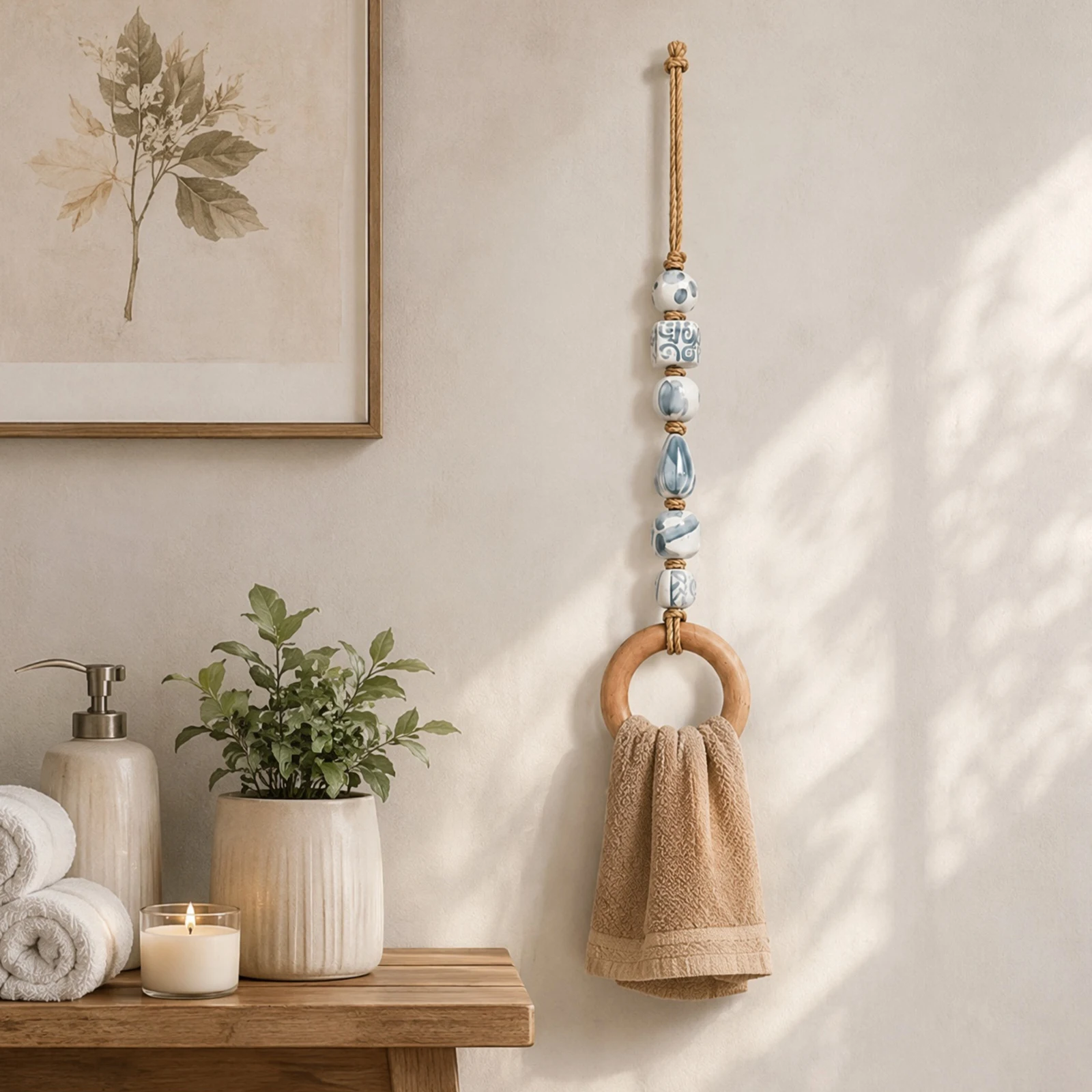 Wooden Wall Mounted Boho Beaded Towel Hanger Rack Farmhouse Bathroom Entryway Bedroom Decoration