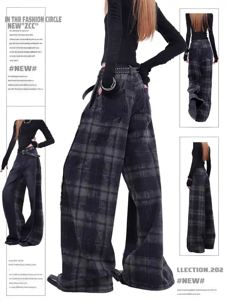 

Black Womens Jeans High Waist Vintage Design Hip Hop Straight Baggy Denim Pants Street Y2K American Style Wide Leg Denim Trouser