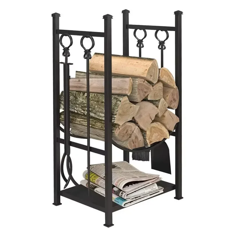 Modern Simple Assembly Metal Floor Standing Firewood Rack Fireplace Tool Holder Log Storage Organizer Home Fireplace Side Use