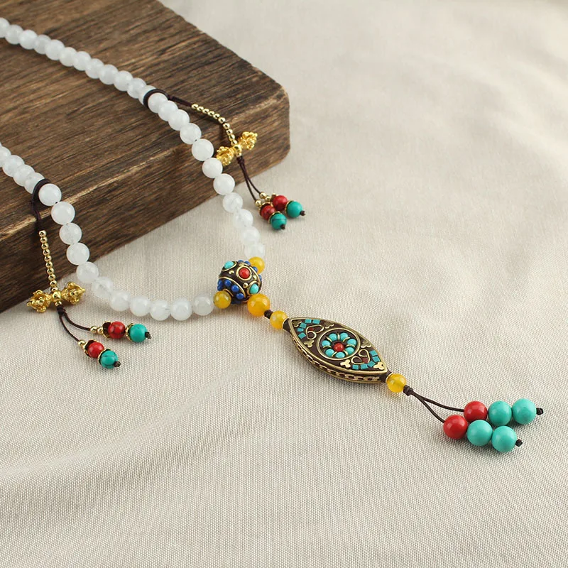 Retro Chinese Style White Marble Beaded Oblique Chain Chinese Tassel Back Long Necklace Accessories Same Style