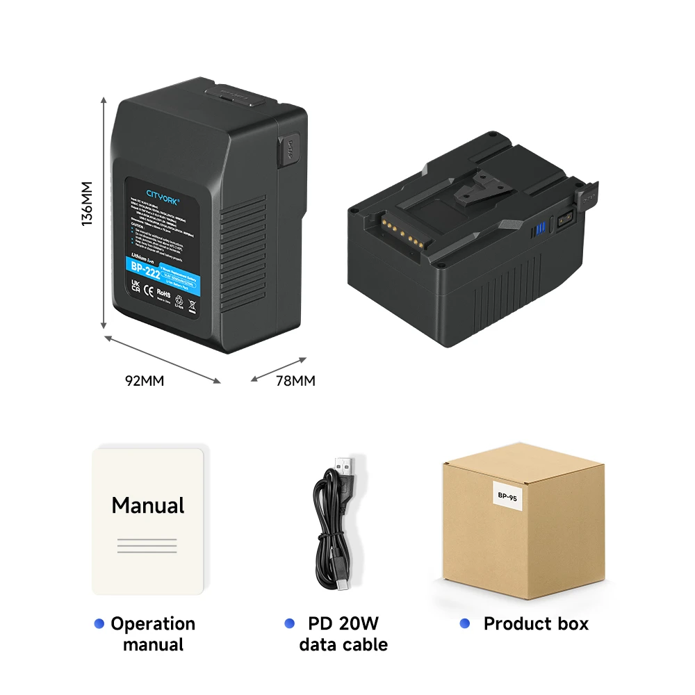 V Mount V-Lock BP-222 BP-185 BP-95 Battery BP Battery With PD20W Cable for Sony Camcorder Broadcast Video Light Blackmagic URSA