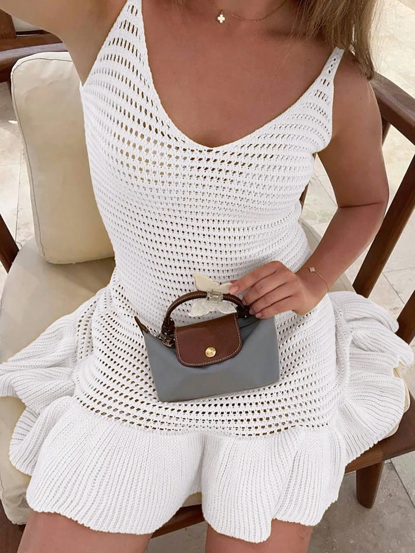 

Women's White Knit Hollow Out Sleeveless Ruffle Mini Dress Beach Vacation Summer