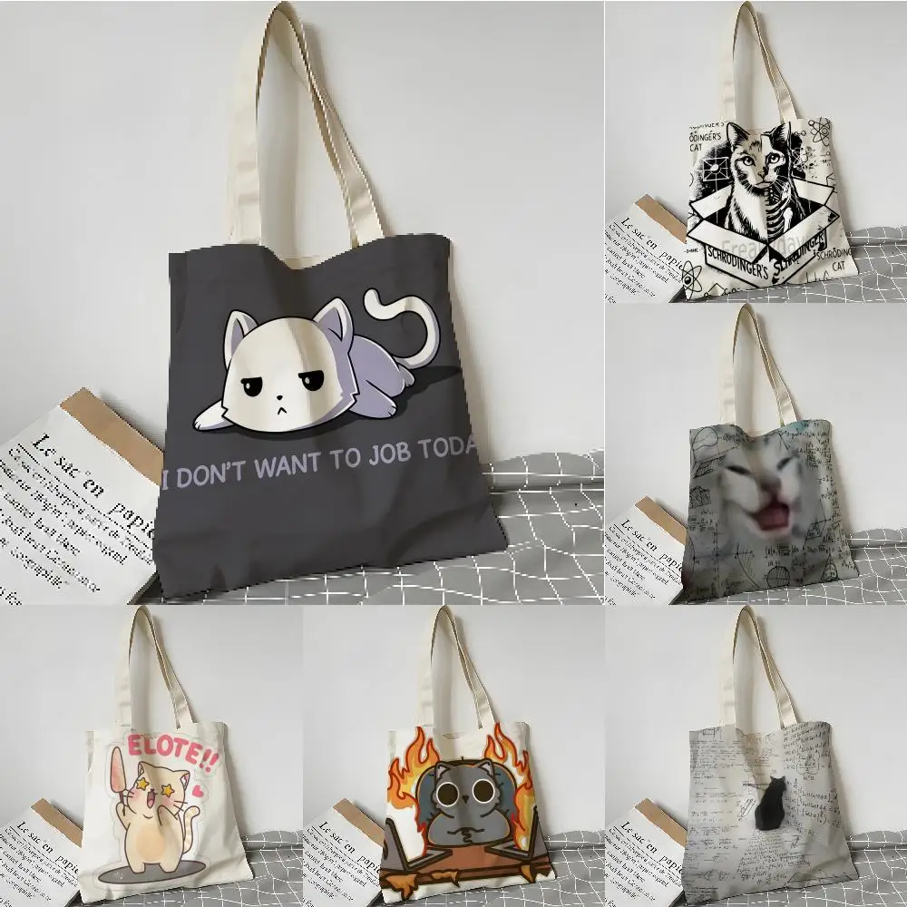 Storage Bags Shopping Grocery Reusable School Girl Gift Tote Bag for Women Aesthetic Funny cat thinking network pattern