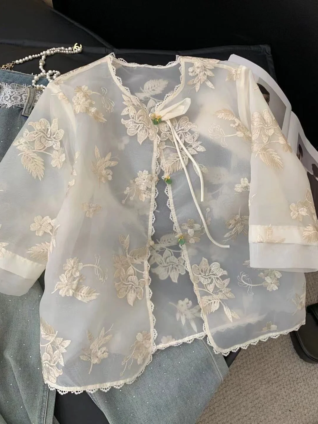 

Женская летняя верхняя одежда больших размеров (300 Pou Fat MM) с вышивкой, рукавом до локтя, защитой от солнца, прозрачная, тонкая