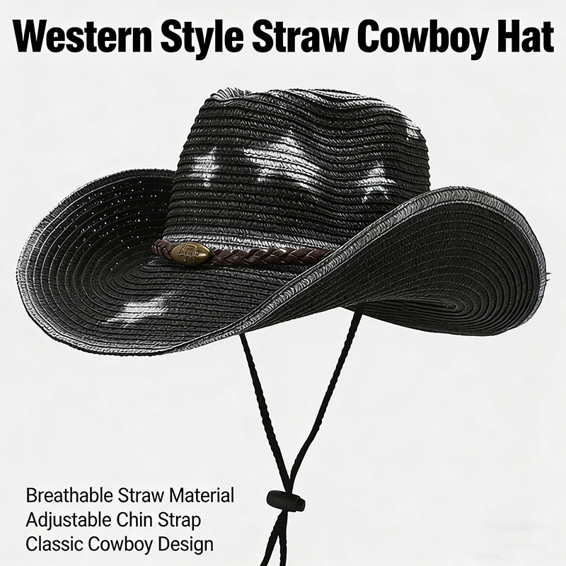 Retro-Cowboy-Strohhut mit Lederband, winddichtem Kinnriemen, leichtem Sonnenschutzhut für Reisen und Angeln