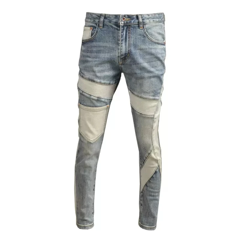 Pantalones vaqueros rasgados para Hombre, Jeans elásticos de diseño empalmado, estilo Hip Hop, Retro, azul, con bolsillo parcheado, a la moda