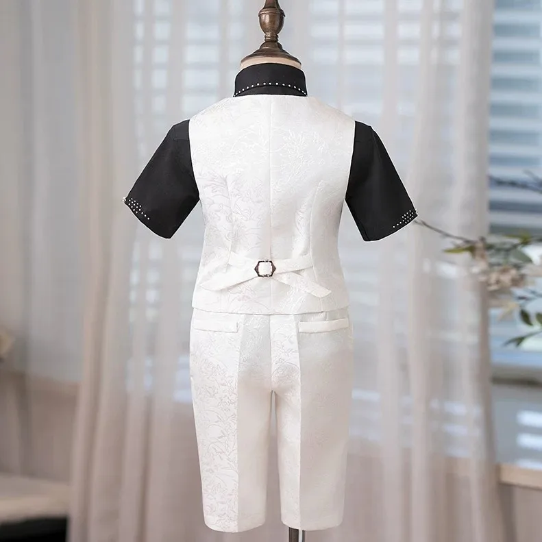 Boys Formal Suit Set Kids Embroidery Vest Shirt Shorts Bow Tie Outfit Children Wedding Birthday Pageant Party Costume For 4-16Y