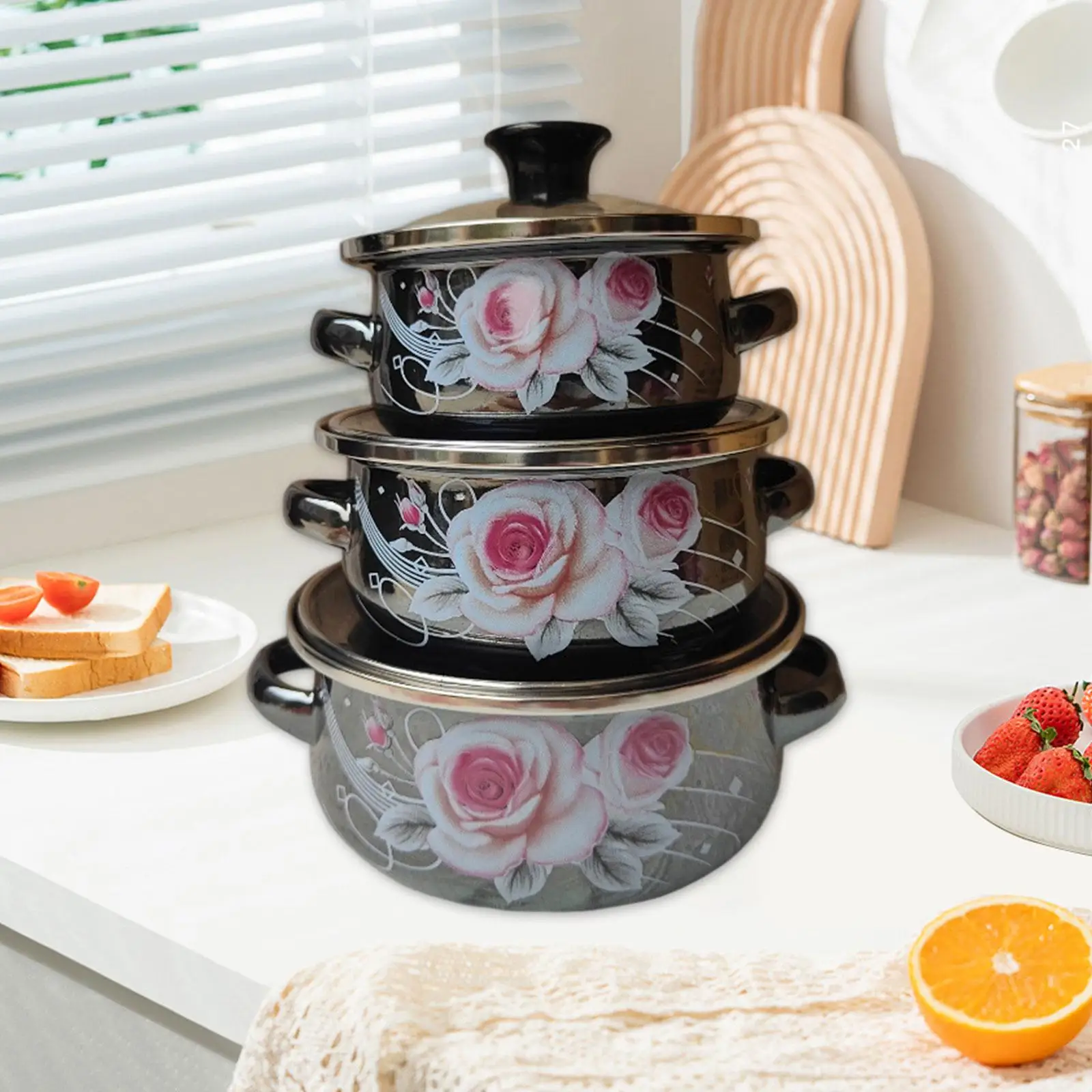 3x أواني المينا أوعية الطبخ الحساء المحمولة مرآة الورد الصقيل المطبخ الحساء