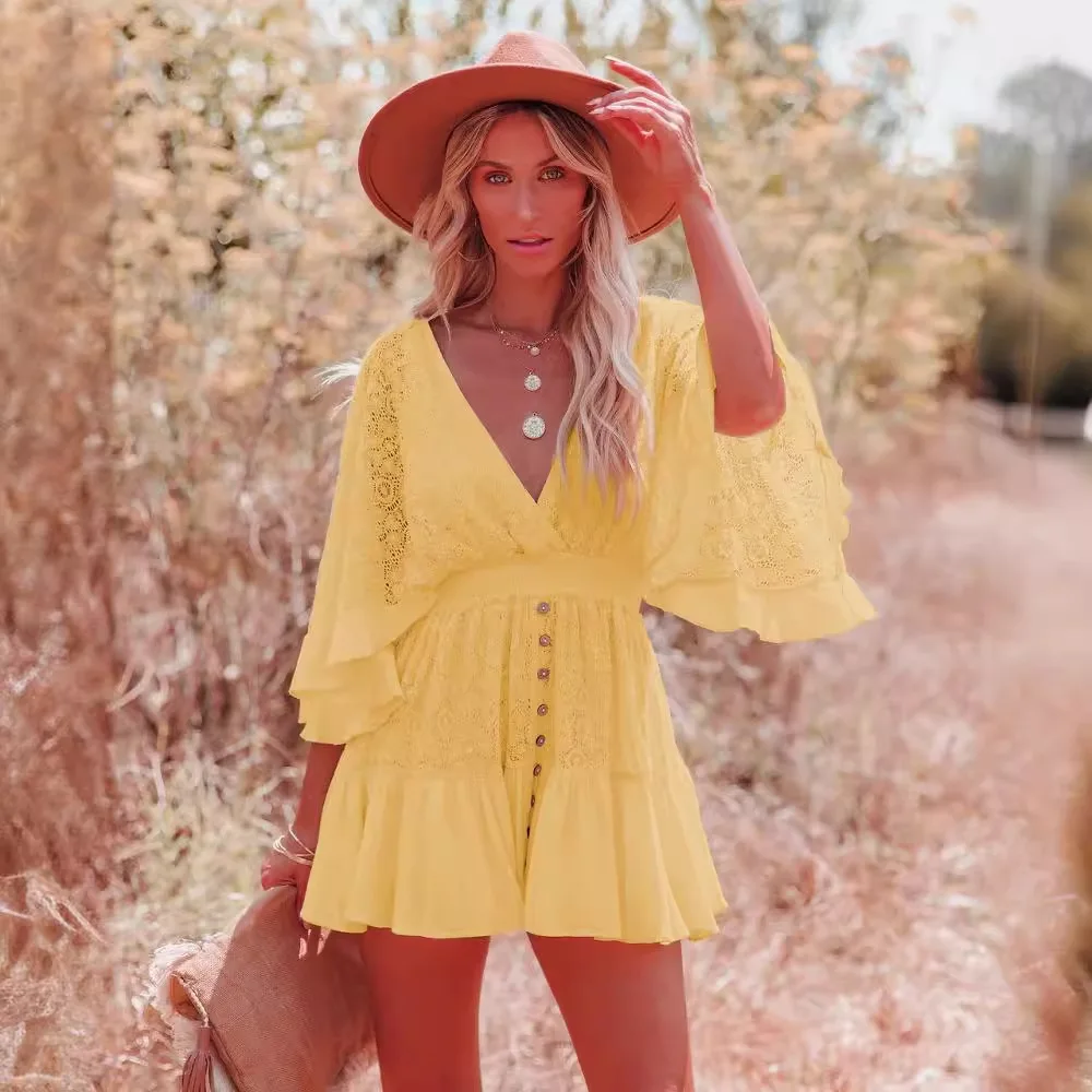 

White Lace Tunic Sexy Deep V Neck Button Bikini Cover-ups Women Clothes 2025 Summer Sexy Ruffles Long Sleeves Mini Dress