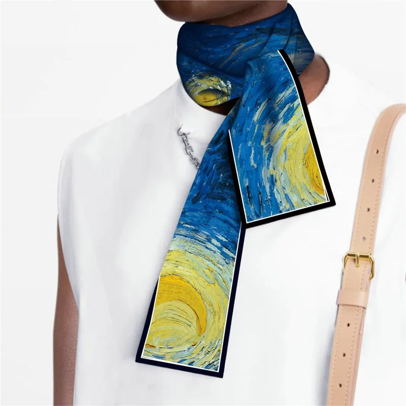 New Oil Painting Hair Scarf Fashion Headband Brand Silk Scarf Bag Skinny Scarves Design Wrist Neckerchief Scarf Women Headband