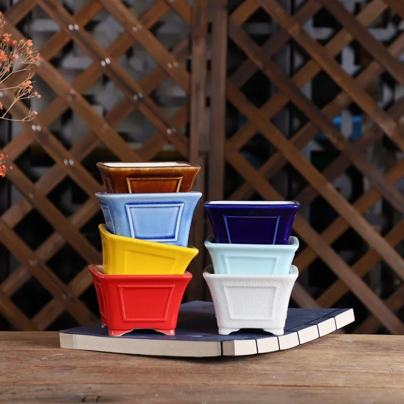 Ceramic Colorful Square Bonsai Pot, Flower Plant, Small Vase, Garden Table, Home Decoration