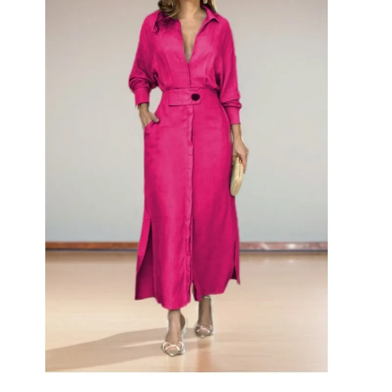 Spring Fall Elegant Women Dress Plus Size White Casual V Neck Lapel Long Sleeve Shirt Maxi Dresses Female Pocket Party Long Robe