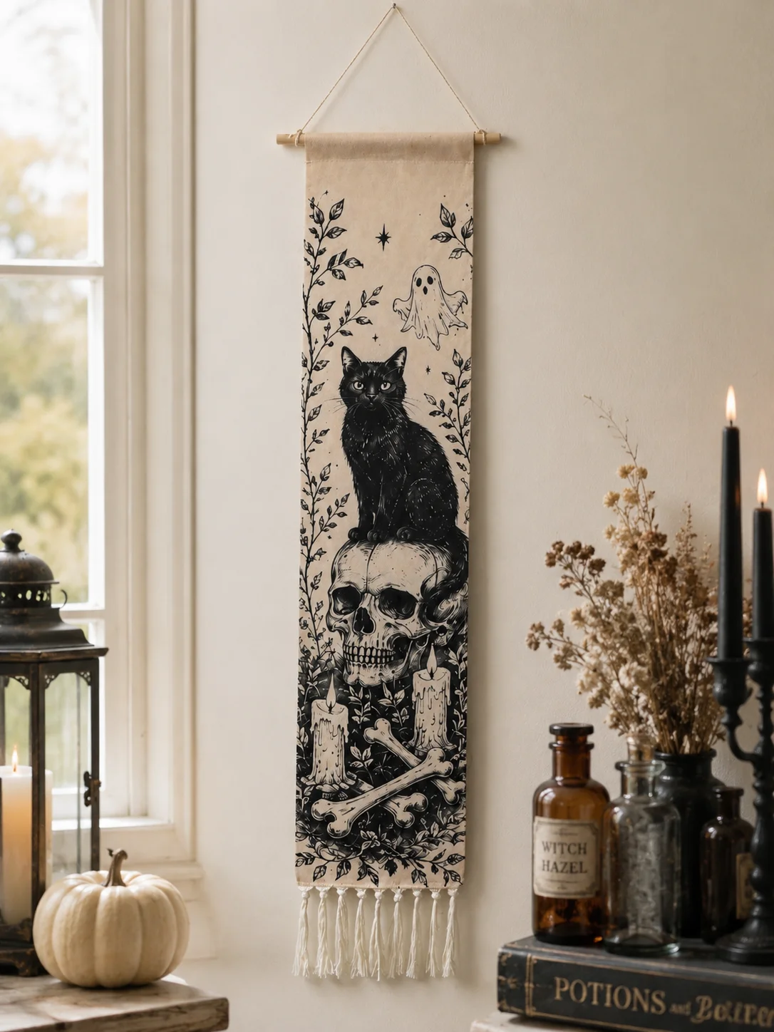 Halloween-Wandteppich mit Quasten, Gotische Hexe, Schwarze Katze, Krähe, Geisterhaus, Totenkopf-Druck, Vintage Grusel-Wandbehang Deko – Detail 23