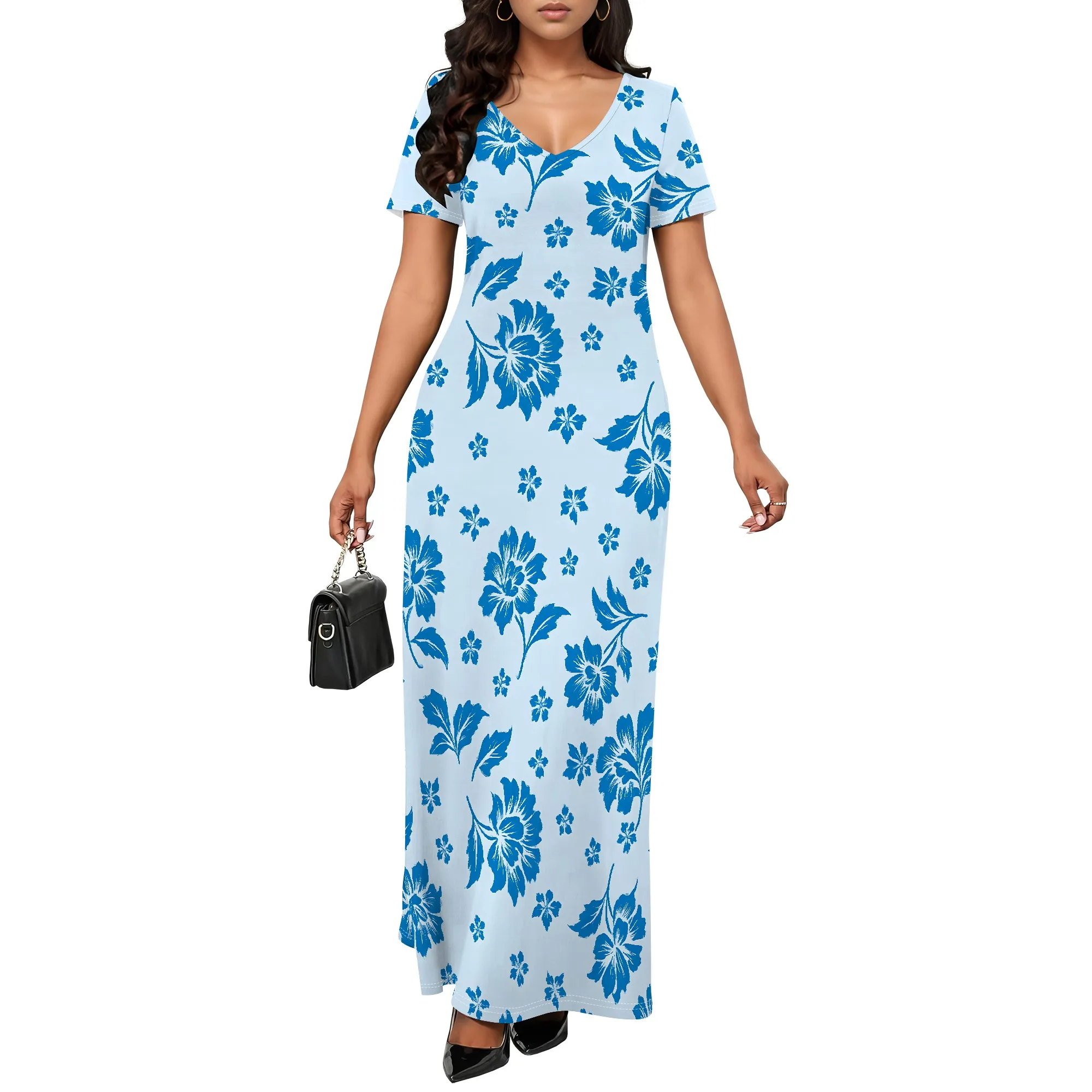 ชุดเดรสฤดูร้อนสตรี 2025 พัฟลําลองแขนสั้น V คอดอกไม้ Boho ฉัตร Ruffle Maxi Dress พร้อมกระเป๋า