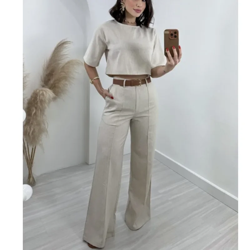 Solid Pants Sets Women Pullover Tops O Neck Matching Sets Full Length Straight Pants Pockets Loose Office Lady High Waist