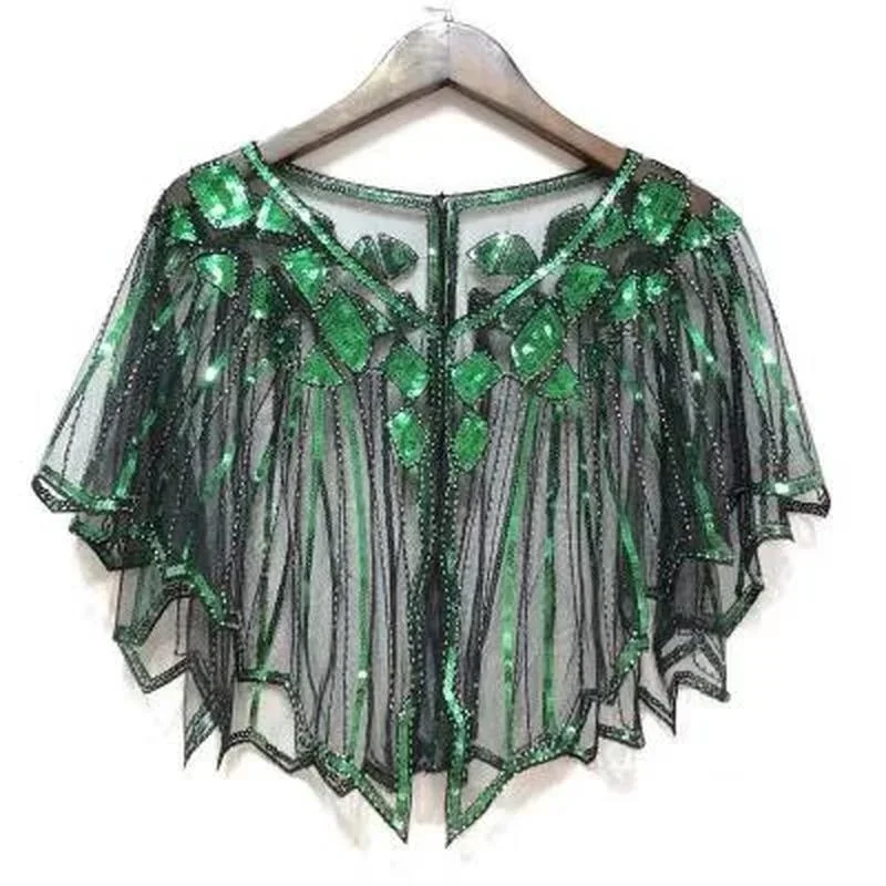 Nuovo scialle di paillettes con perline retrò Vintage Flapper donna Bolero Party Dress accessori mantello da sera Sheer Mesh ricamo foglia