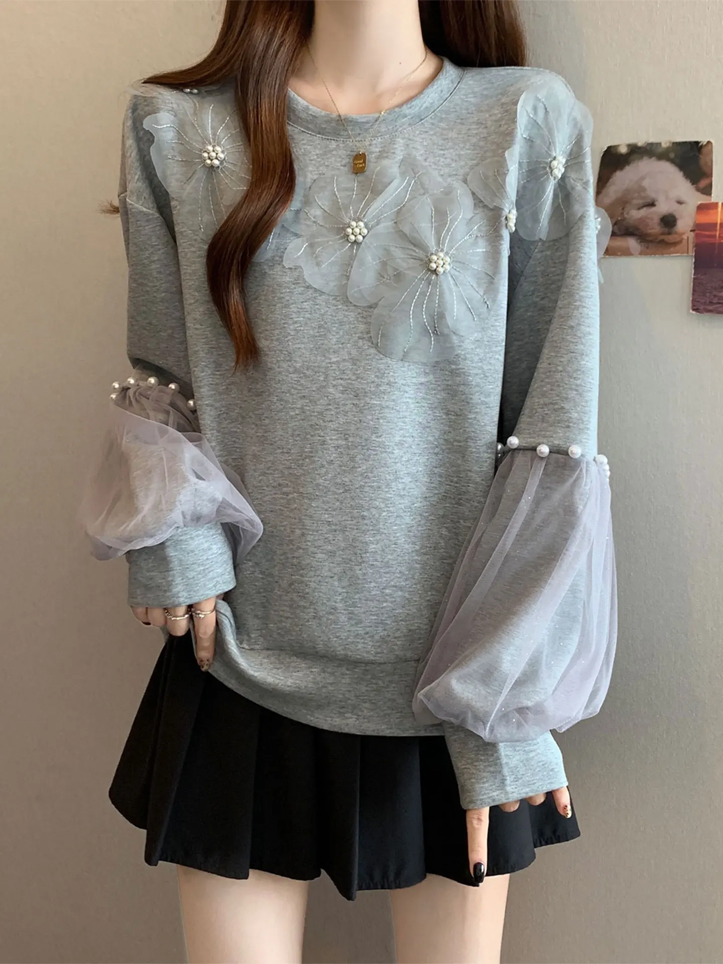 

Heavy Embellied Long Sve Sweatirt Base Layer Top Women plus Size Spring 2026 Casual Sle round Ne Me Splicing Top