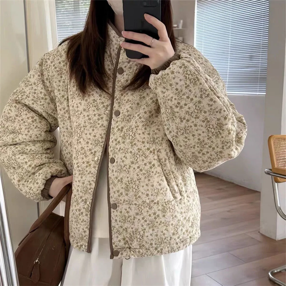 

Sweet Floral Design Sense Stand Collar Cotton-Padded Jacket Coat Women's autumn Winter New Korean Loose Padded Warm Bread Coat