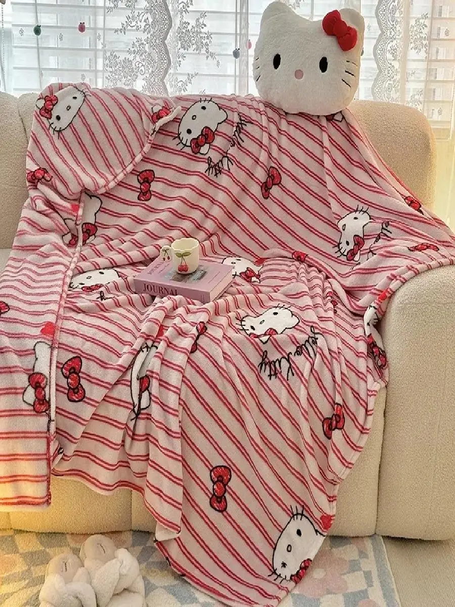 Kitty Pink Striped Flannel Blanket Red Bow Cat Print Soft Throw Kawaii Sanrio Decor for Bedroom  Living Room