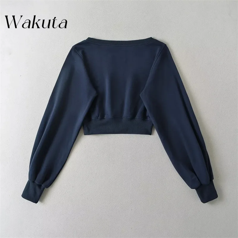 WAKUTA Korean Autumn Style Diagonal Shoulder Pullover Hoodie Niche Long Sleeved Patchwork Bow Tie Loose Waist Tanks コダック ポケモン