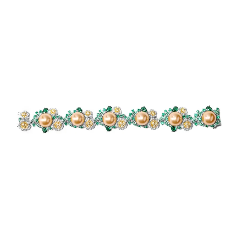 BELLUX 925 Silver Artificial Pearl Bracelet Green Vine Green Leaves Flower Spring Blossoms Gold Beads High end Jewelry Bracelet
