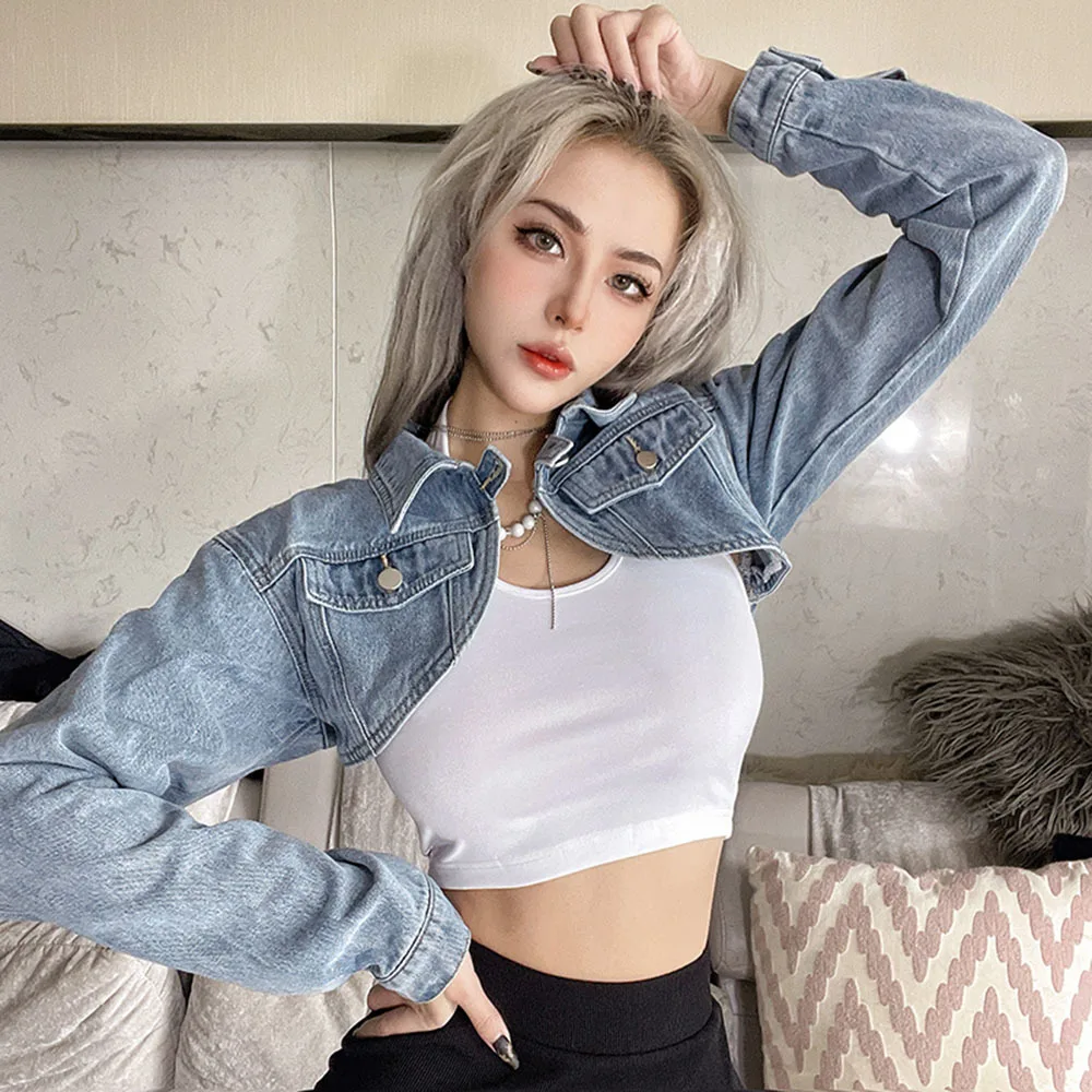 High Waist Y2K Solid Crop Denim Jacket Women Autumn Sexy Kpop Streetwear Jean Coat Female Chic Short Outwear 2022 E Girl Tops