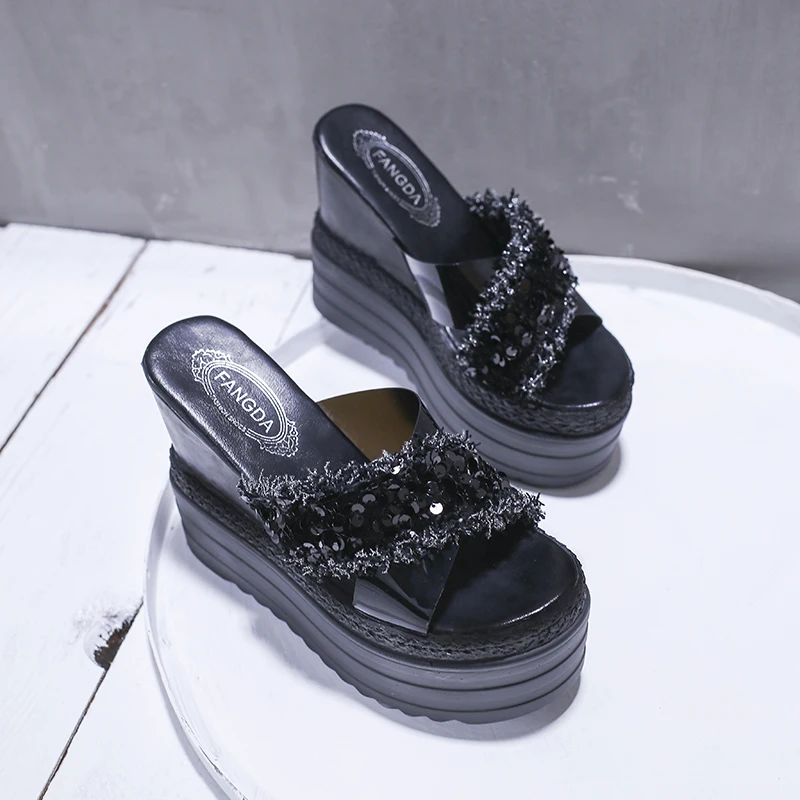 Comemore New Summer Rhinestone Wedges Heel Women Slippers Platform Sequins High Heels Without Back Ladies Shoes Zapatos De Mujer