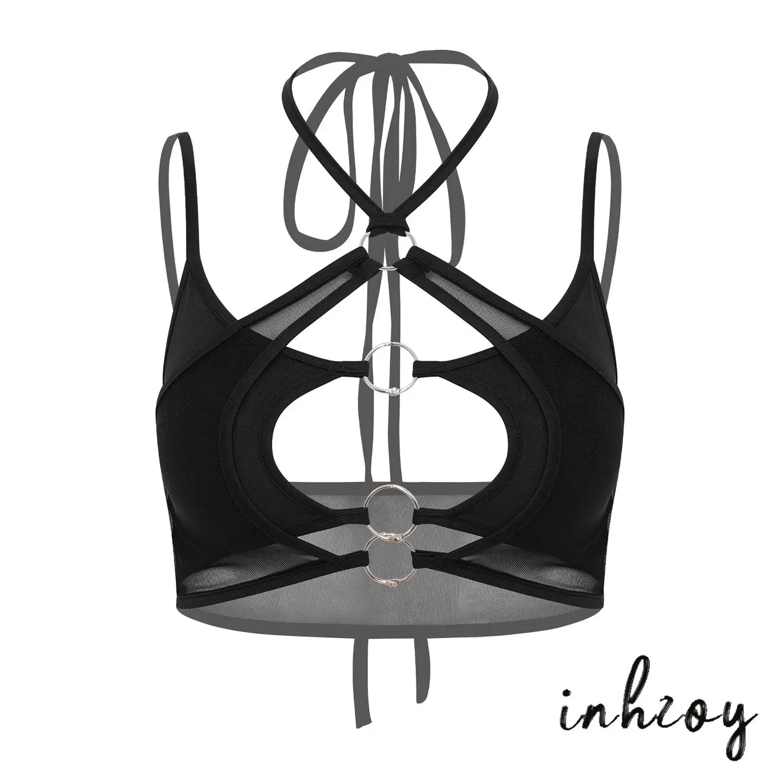 

Women Sheer Mesh Patchwork Crop Top Halter Sleeveless Backless Cutout Camisole with O Rings for Club Music Festival Rave Party