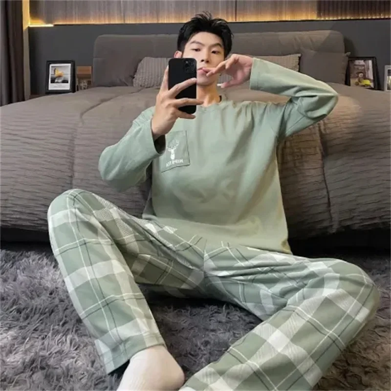 90kg 3XL Large Size Lougewear Spring Sleepwear for Man Korean Leisure Long Short Sleelves Full Pants Loose Homewear Pajamas Set