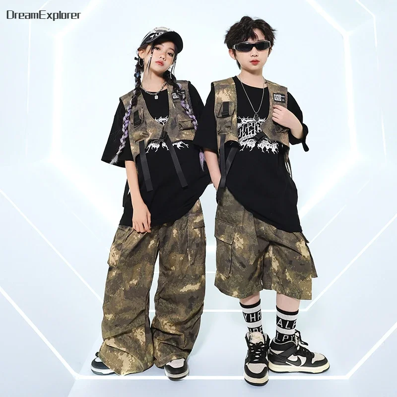 Girls Hip Hop Camouflage Vest T-shirt Military Cargo Pants Boys Street Dance Shorts Kids Jazz Clothes Sets Children Streetwear